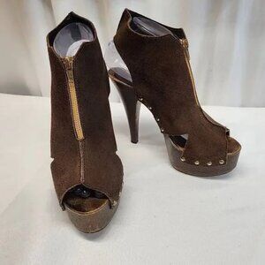 Size 37 Gabriela Brown Suede Platform Peep Toe Heels (a)